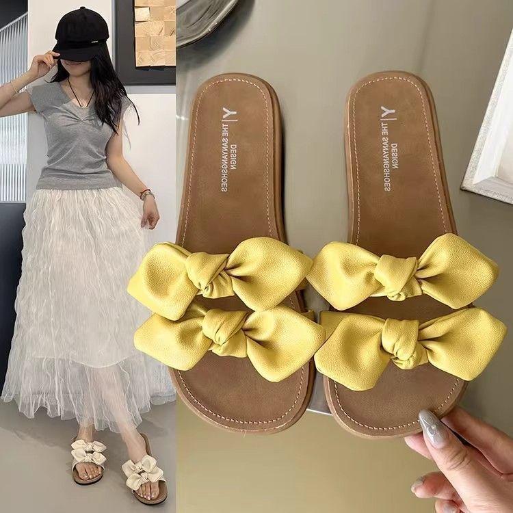 Versatile fairy with skirt beautiful one-word sandals 2025 new soft bottom bow slippers women's summer wear