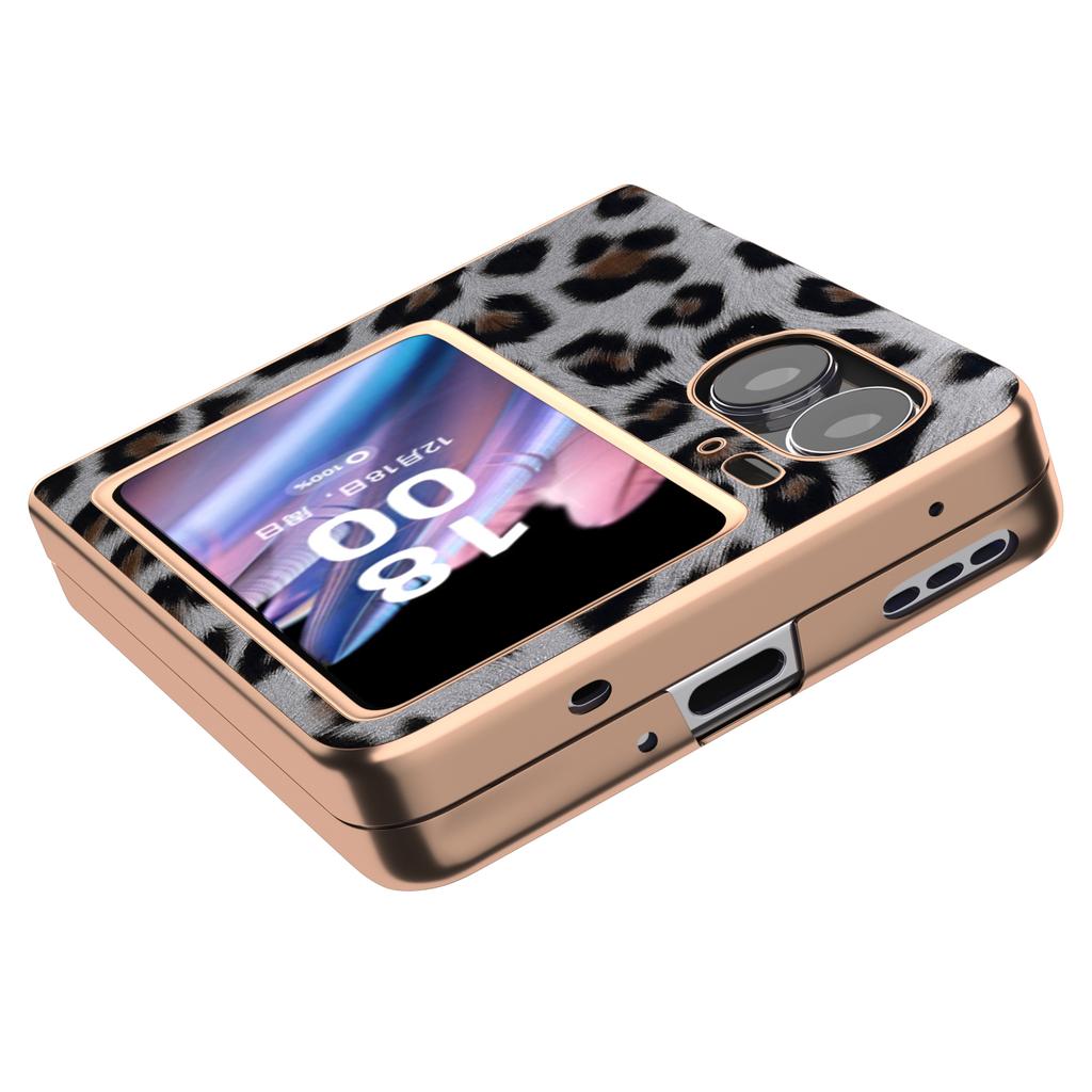 Electroplating Phone Case for Oppo Find N2 Flip 5G,Leopard Pattern Hard PC+PU Leather Phone Cover