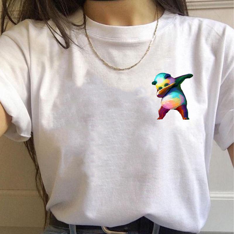 Korean Style Casual Short-Sleeved T-Shirt for Women Spring/Summer Cartoon Panda Print Loose Base Shirt Polyester Fabric