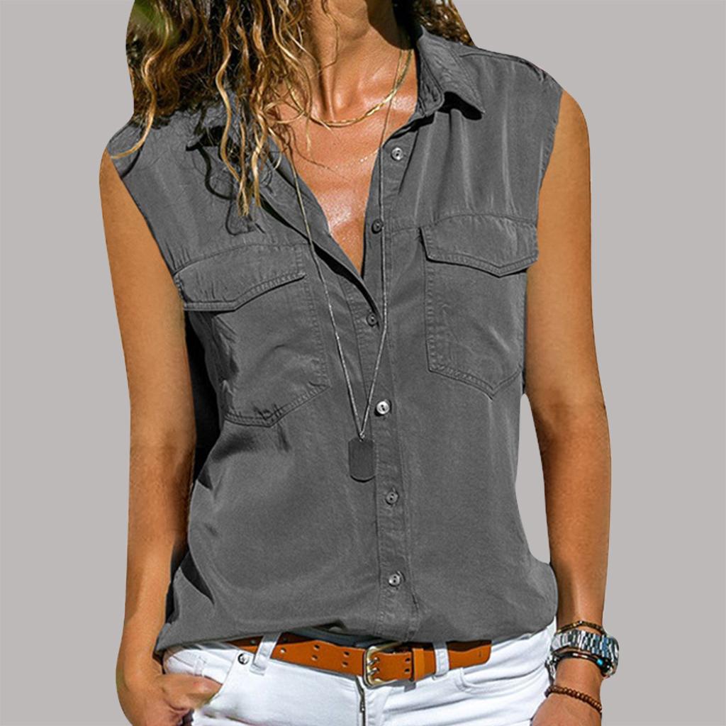 Down Collar Pockets Buttons Shirt Tops 