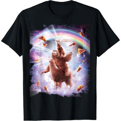 Laser Eyes Space Cat Riding Sloth Llama - Rainbow T-Shirt