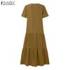 ZANZEA Women Casual Round Neck Solid Color Short Sleeve Long Dress