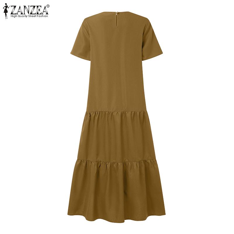 ZANZEA Women Casual Round Neck Solid Color Short Sleeve Long Dress