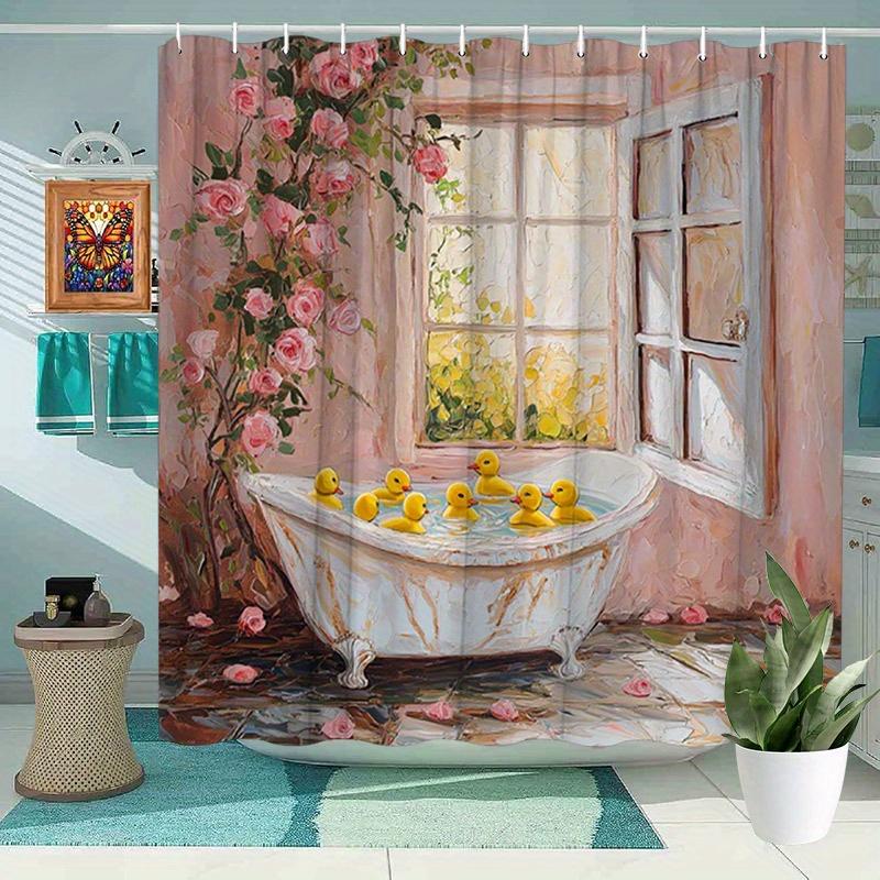 

Vintage Clawfoot Bathtub Shower Curtain - Yellow Rubber Ducks & Garden Design, Whimsical Nostalgic Decor, Polyester W90XH180cm