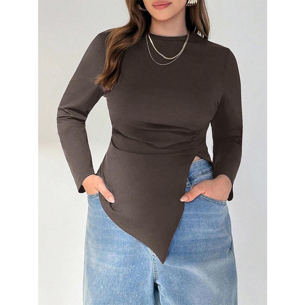 Plus Size Women Long Sleeve Round Neck Slim Fit Basic T Shirt