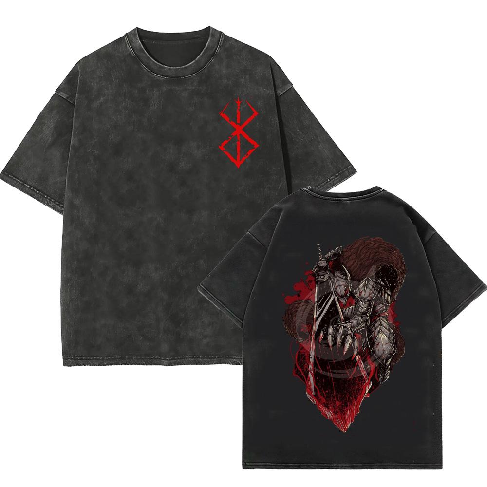 Anime Berserk Guts Printi Washed T-shirt Summer Cartoon Short-sleeved Men's and Women's 2026 Manga Fashion Clothing Top Tee