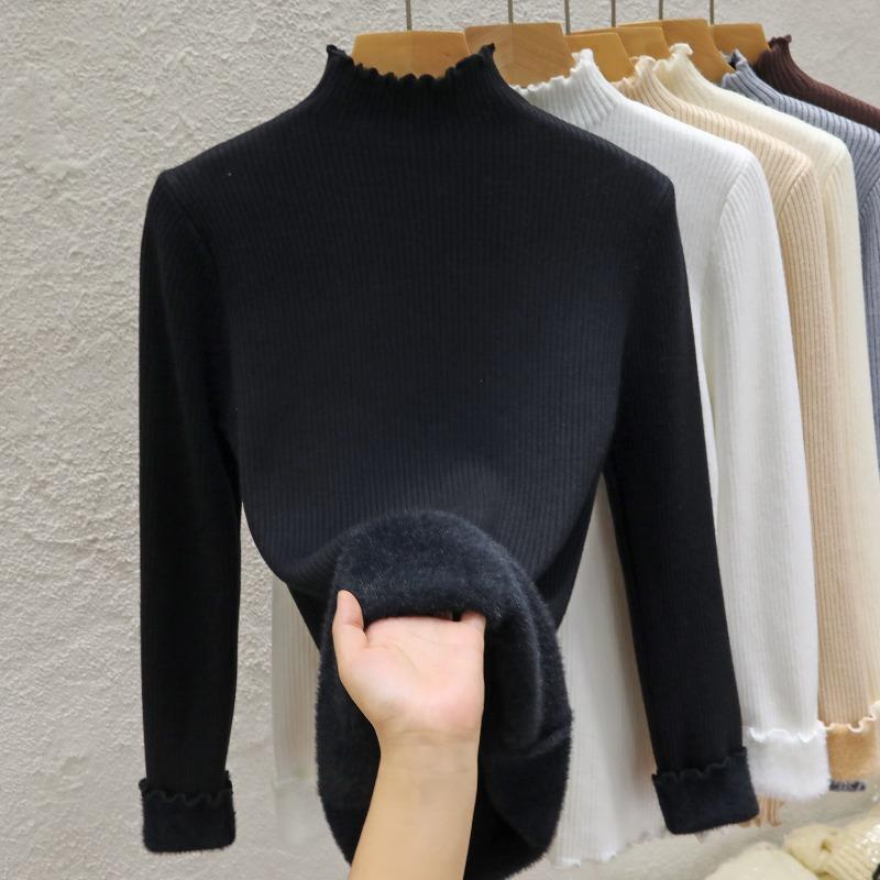 Half High Collar Warm Fleece Pullover Sweaters for Women Autumn and Winter Thick Knitted Sweater Solid Base Long Sleeve Casual Ladies Knitwears 24951