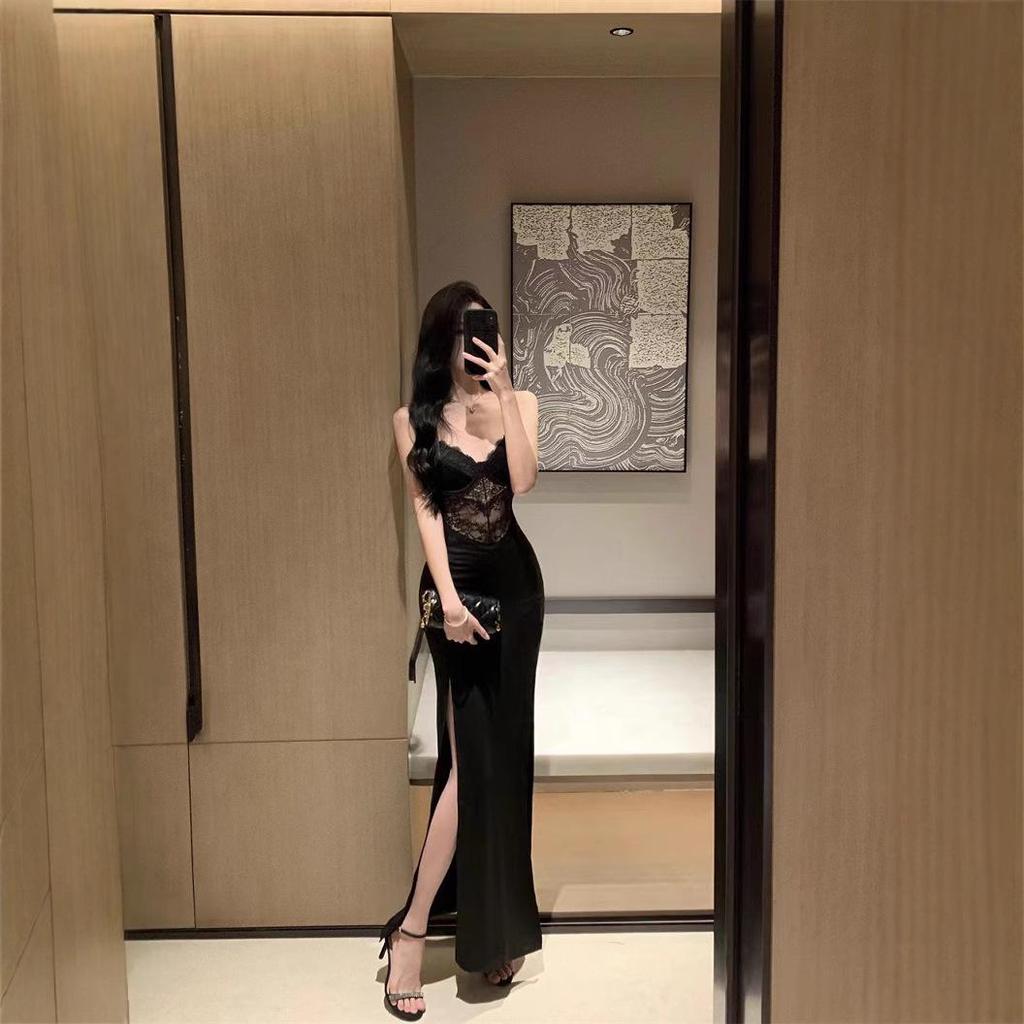 Women's Black Lace Patchwork Spaghetti Strap Sexy Bodycon Slit Evening Dress with Breast Pads
