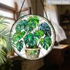 2D Flat Stained Glass Green Plant Monstera Deliciosa Window Decoration Colored Glass Plate, 7.87inches Hanging Ornament with Chain, Charming Spring