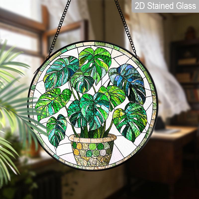 2D Flat Stained Glass Green Plant Monstera Deliciosa Window Decoration Colored Glass Plate, 7.87inches Hanging Ornament with Chain, Charming Spring