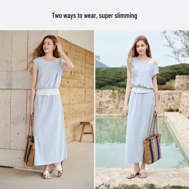 Women's Embroidered Faux Two-Piece T-shirt and Skirt Set