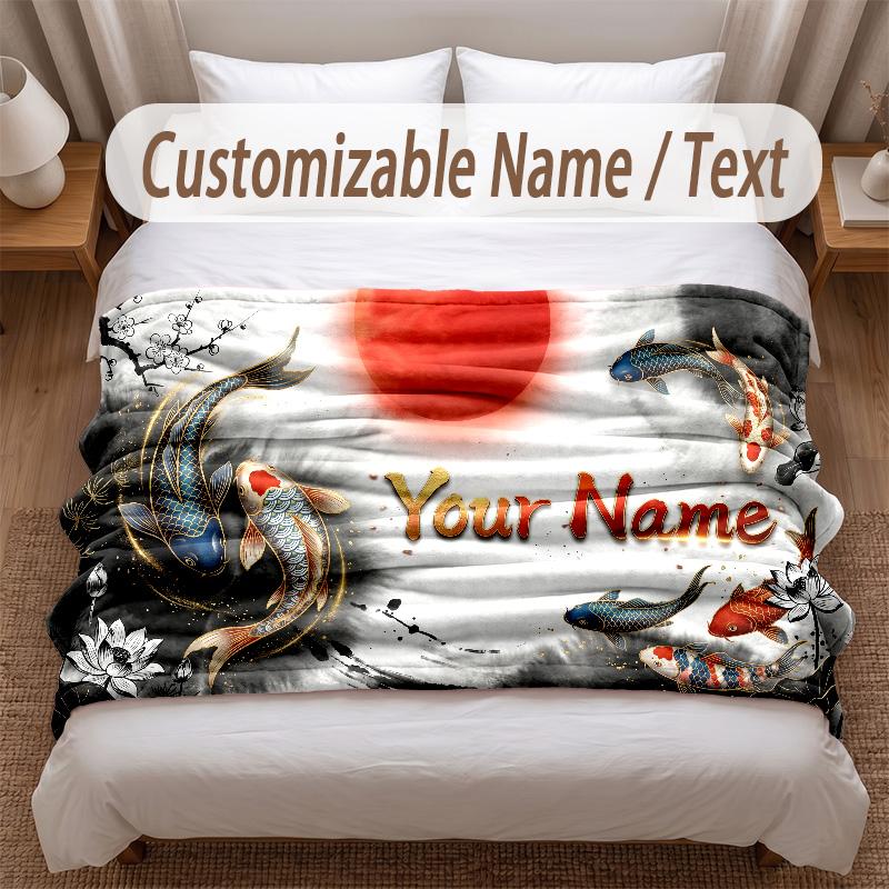 Koi Fish Theme Soft Blanket Personalized Custom Name Text Print Warm Blanket Home Sofa Bedroom Decor