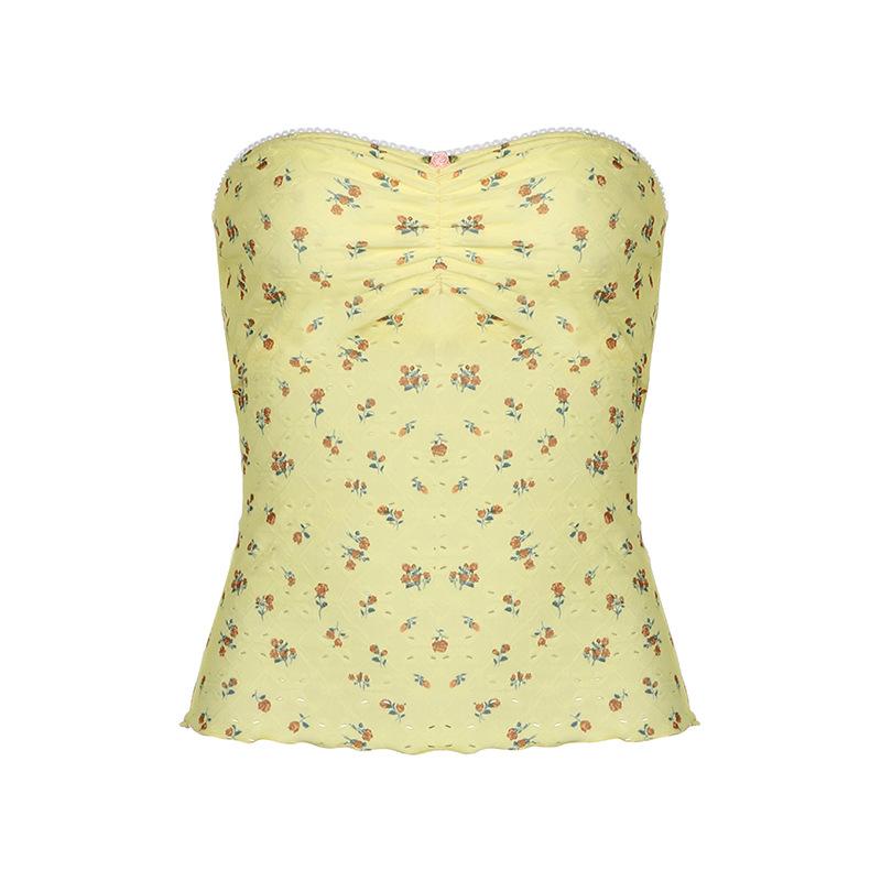 Floral Lace Splicing Pleated Slim Tube Top Girl Thin Inner Top