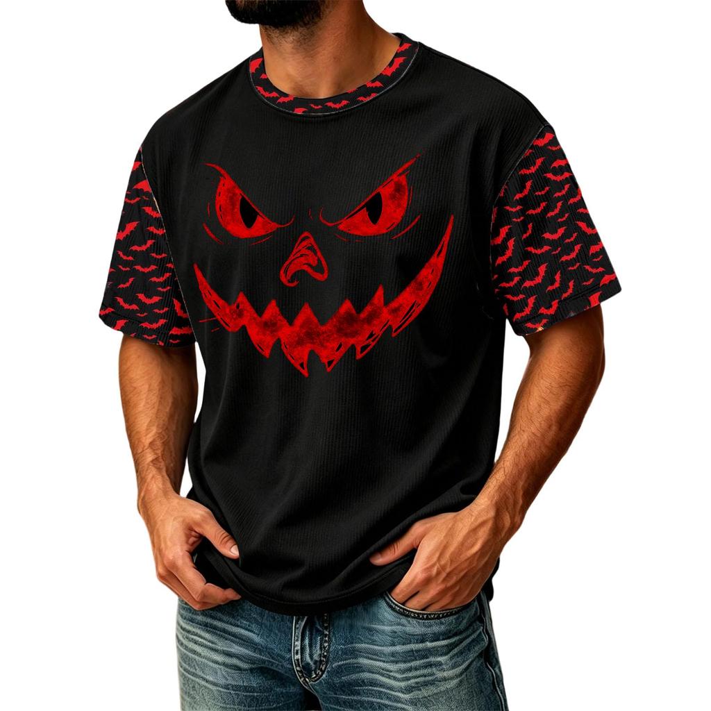 Men's Casual Corduroy Short Sleeve Crew Neck Lightweight Breathable Top Halloween Print Design Comfortable Fit