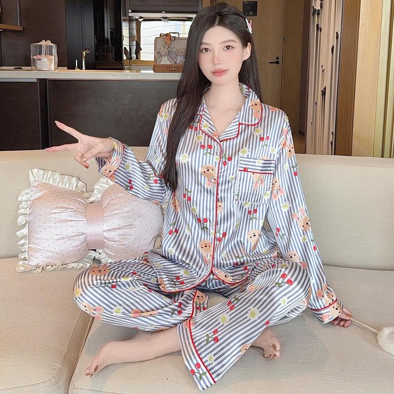 French Floral Ice Silk Long-Sleeve Ruffle Pajamas for Women - Spring & Autumn
