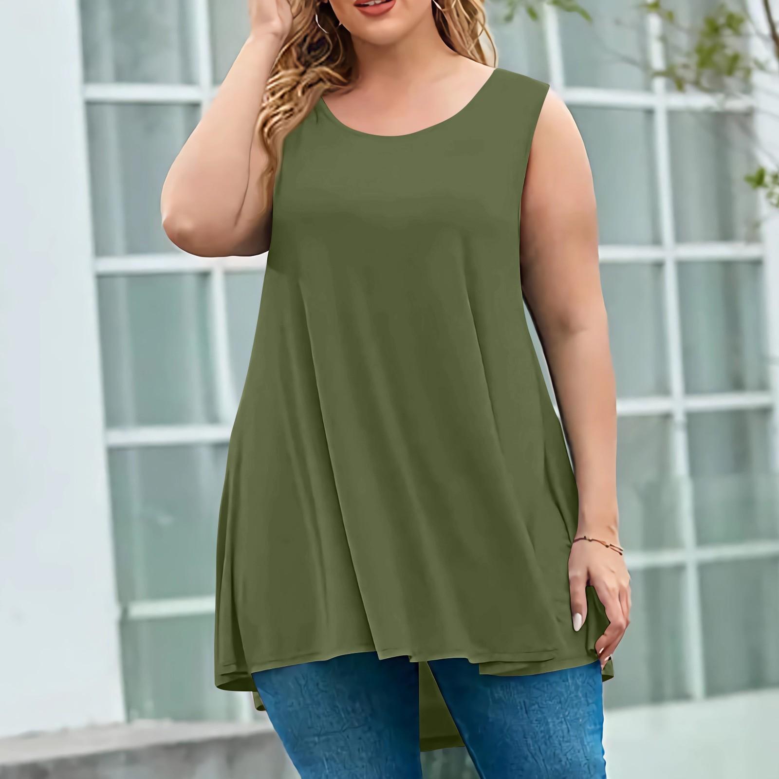 

Женская мода большого размера с круглым вырезом без рукавов повседневный однотонный свободный пуловер топ L армия зеленый