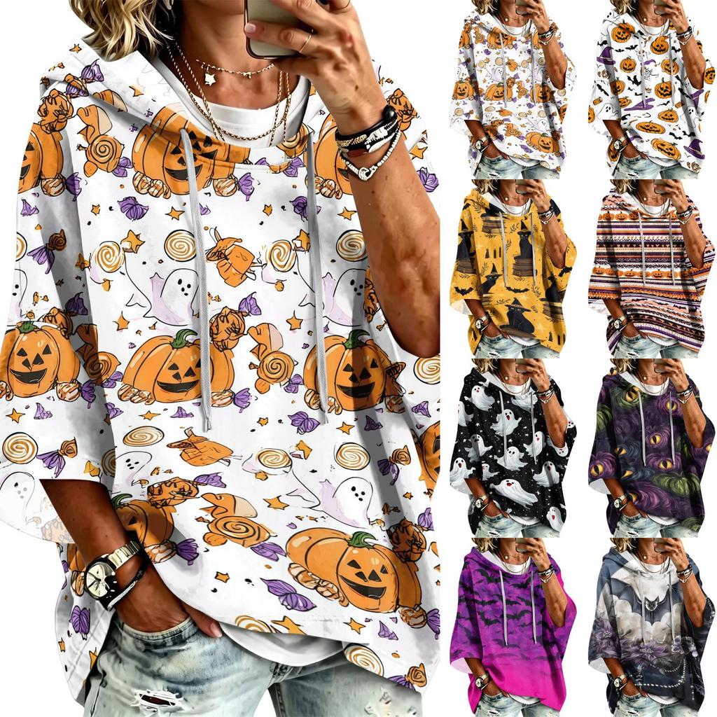 Women's Pullover Hoodie with Three-Quarter Sleeves, Halloween Print, Casual Top