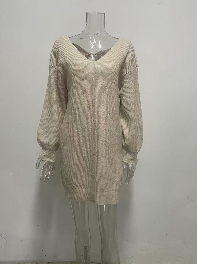 Autumn Women's V-Neck Bowknot Sweater Dress - Loose Knit Pullover