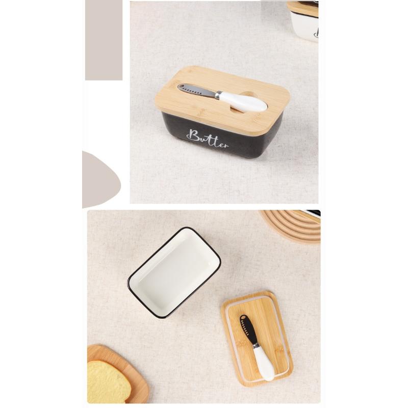Bambus - Abgedeckte Butterdose und Edelstahlmesser-Kombination: Elegantes Butter-Servierset für den täglichen Gebrauch