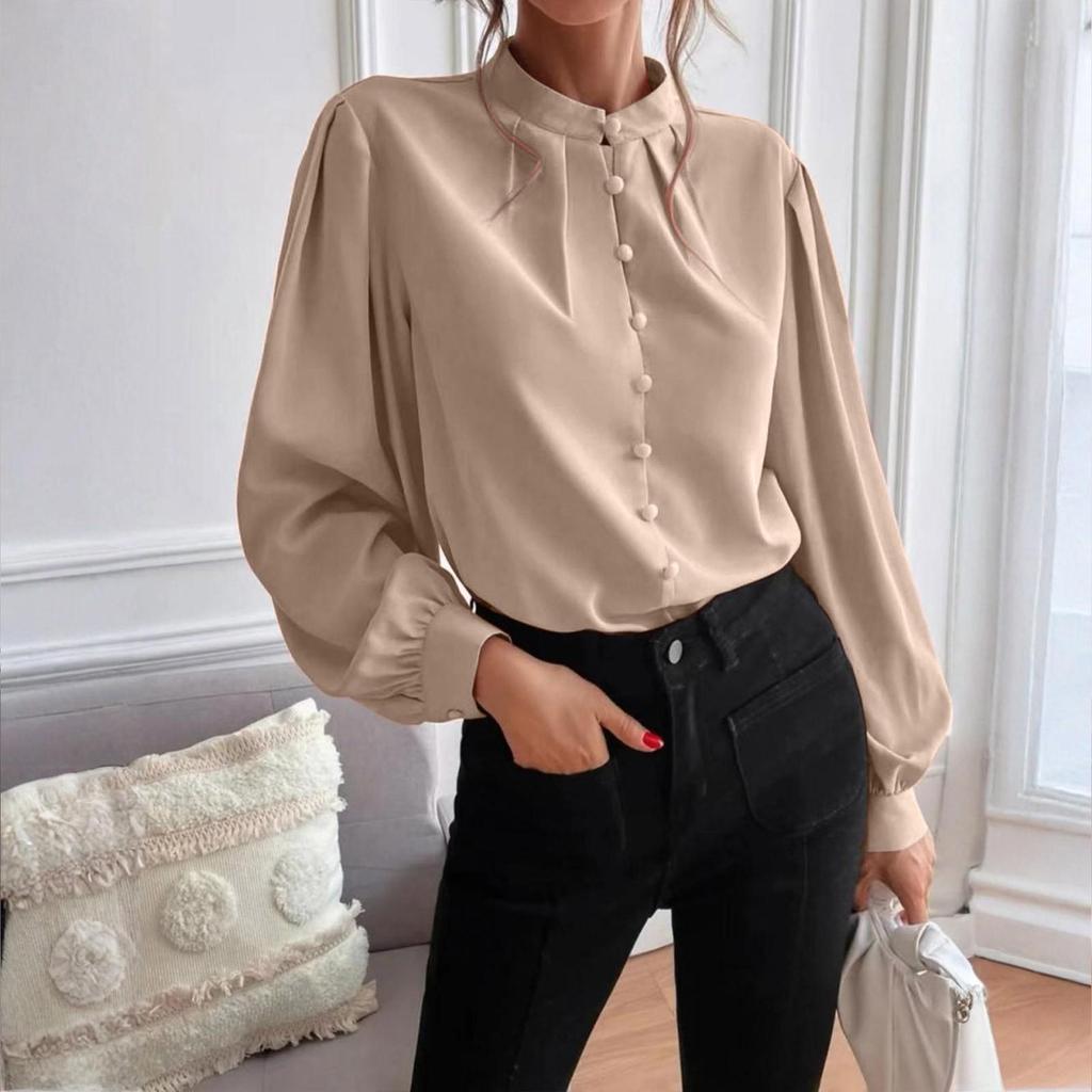 Ladies Elegant Solid Color Lapel Long Sleeve Single Breasted Loose Top
