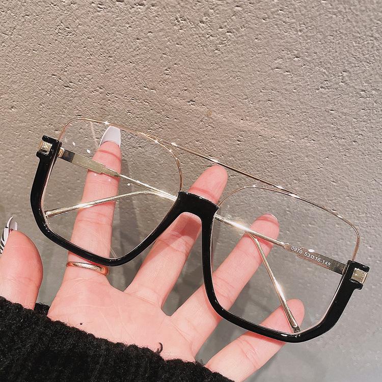 Retro Oversized Square Semi-Metal Transparent Glasses Frame For Women Anti-Blu-Ray Double Bridges Glasses Woman Optical