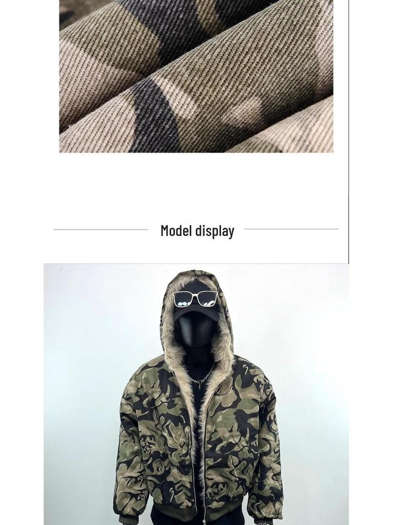 Unisex Camouflage Bavlněná Zimní Bunda s Kožešinovou Kapucí