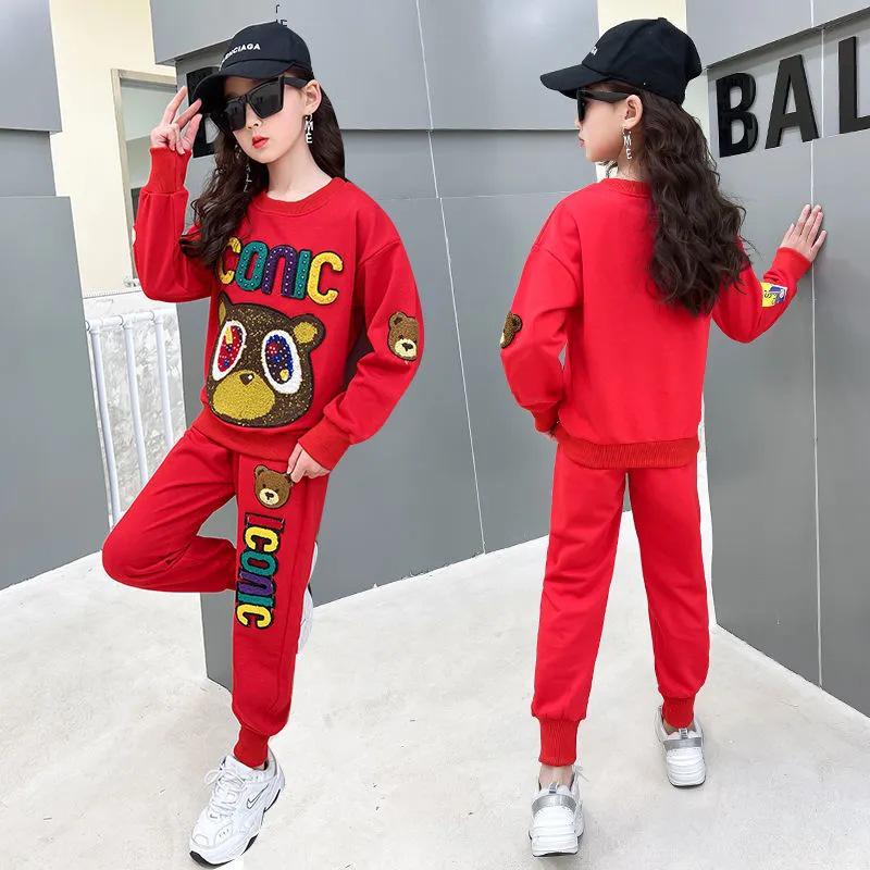 Girls' Trendy Spring Two-Piece Suit: Stylish Sweater & Print Sports Leisure Set