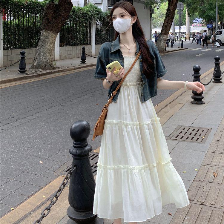 Women’s 2026 Summer Stylish Two-Piece Set: Gentle Style Short Denim Jacket & Mid-Length Camisole Dress