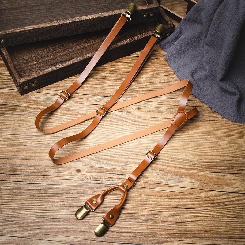 Unisex Y-Shape Anti-Slip Leather Suspenders with Strong Clips светло-коричневого