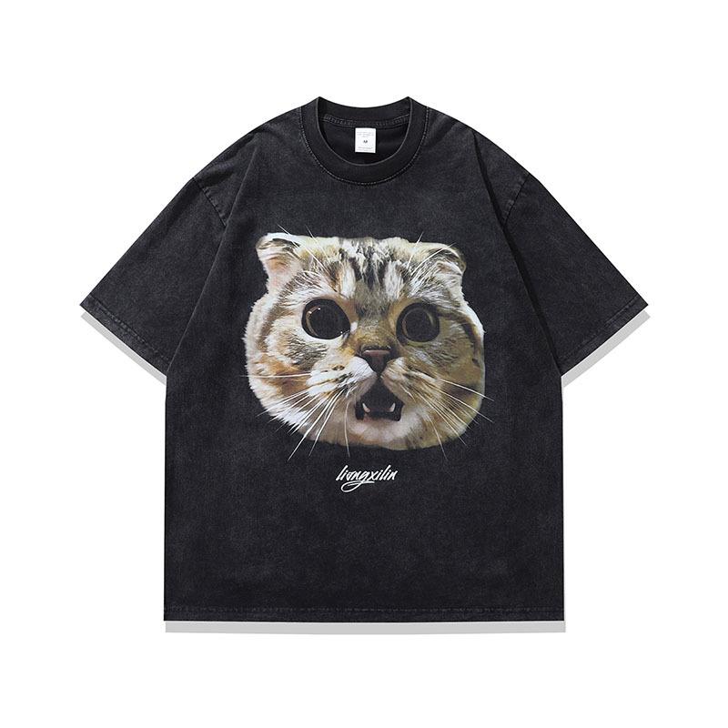 Summer T-Shirt Trendy Cat Printing Washing Water Pure Cotton Loose Casual Couple Short-Sleeved T-Shirt Men And Women Trendy