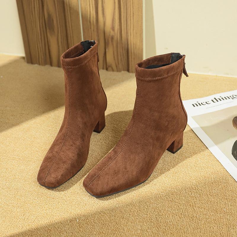 Retro High-heeled Suede Square Head Thin Short Boots Women's Shoes Spring and Autumn 2025 New Korean Small Ankle Boots Martin Boots