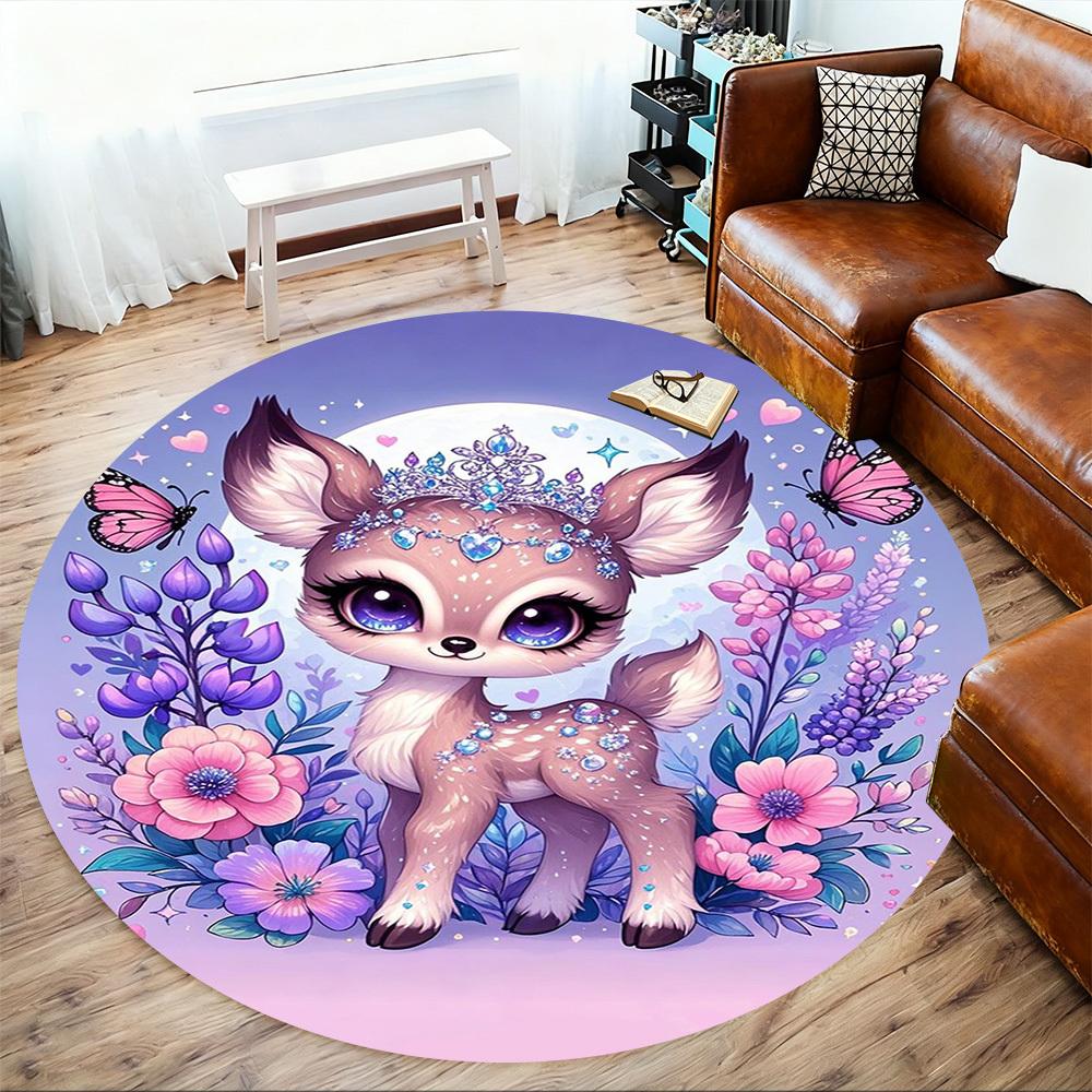 1PC Deer Flowers Fantasy Round Chair mat Area Rug - Non-Slip, Floor Mat for Office, Bedroom, home decor Christmas Gift c0528020