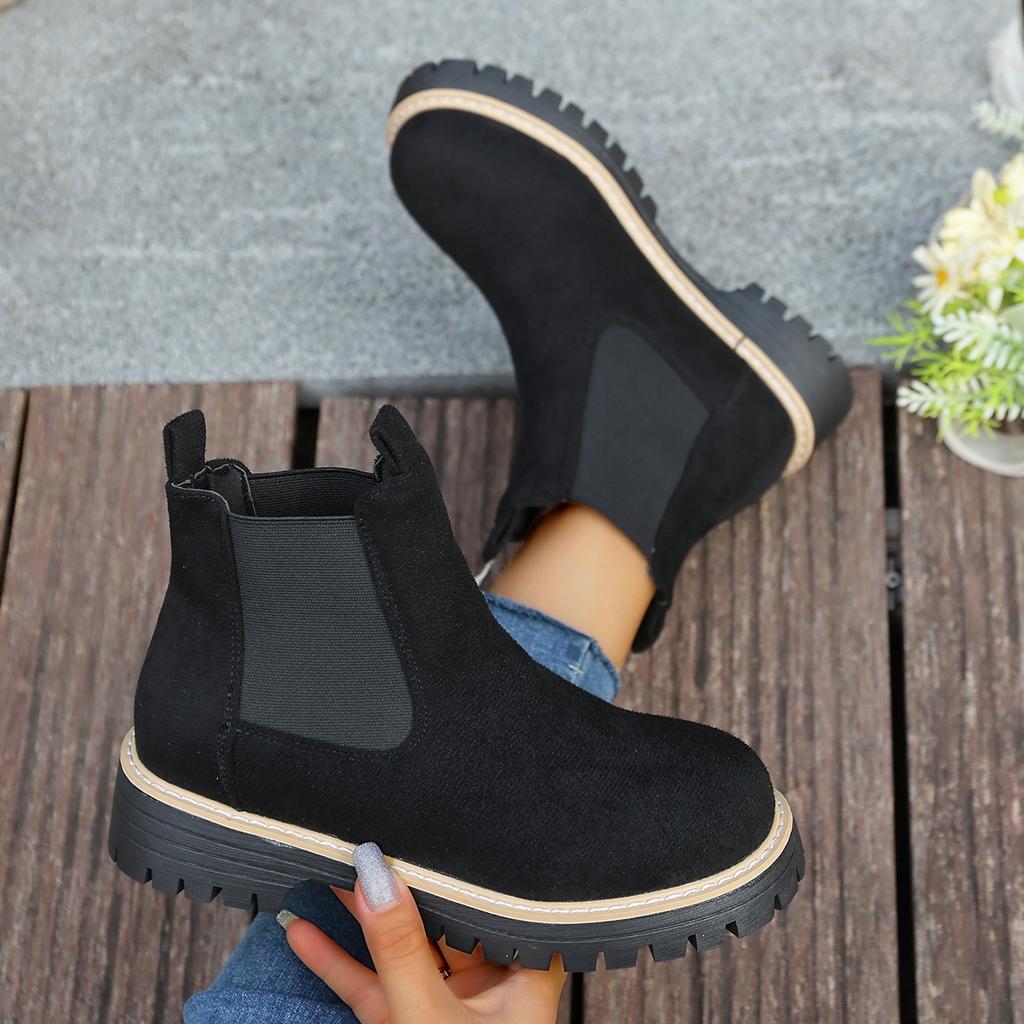 Women's Platform Suede Martin Boots, Round Toe Chunky Heel Ankle Booties, Elastic Gaiter Wide Width Available Slip-On Boots