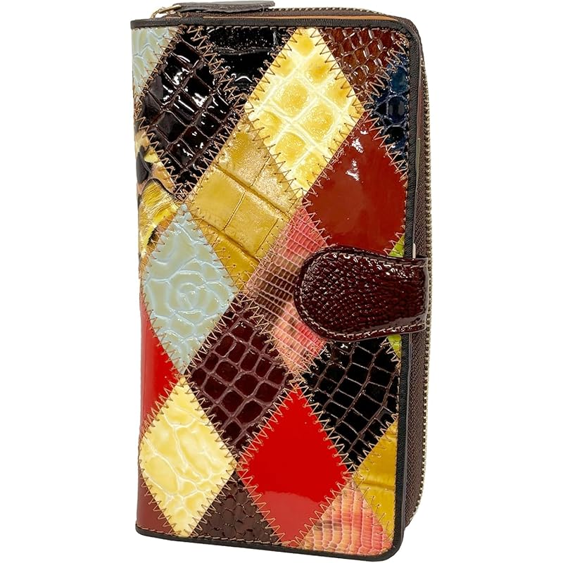 

[FashionBerry] Colorful Rhombus multi color stitch work patchwork genuine leather cowhide wallet leather ladies round zipper long wallet round zip