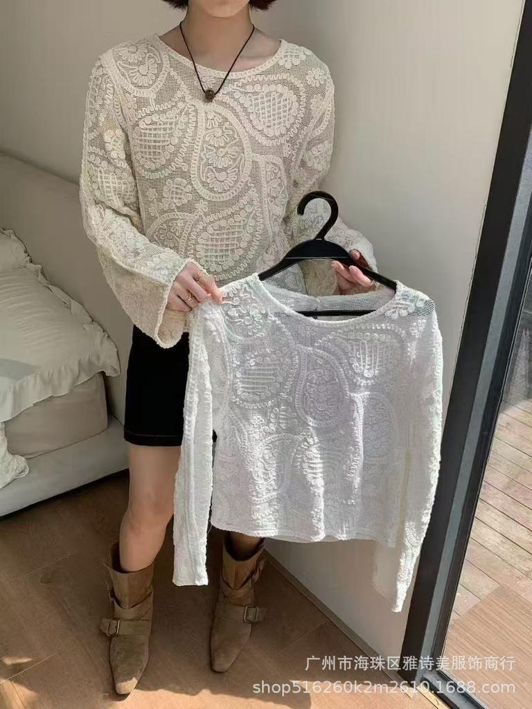 Fashion loose and thin hollow crochet knitted sweater women's new foreign style unique chic cardigan long-sleeved top