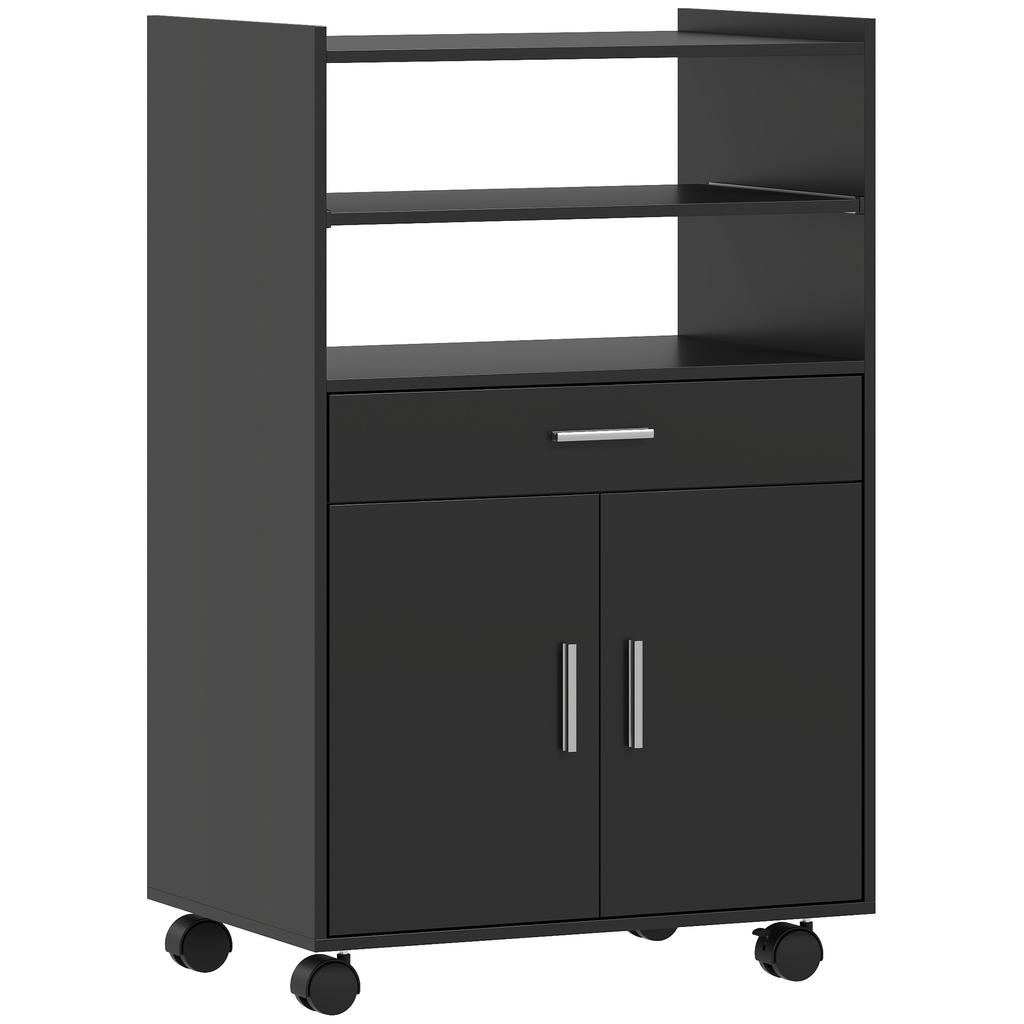 Kitchen Trolley on Wheels, Microwave Cart, Drawer, Shelves, 59 x 40 x 92 cm, Black