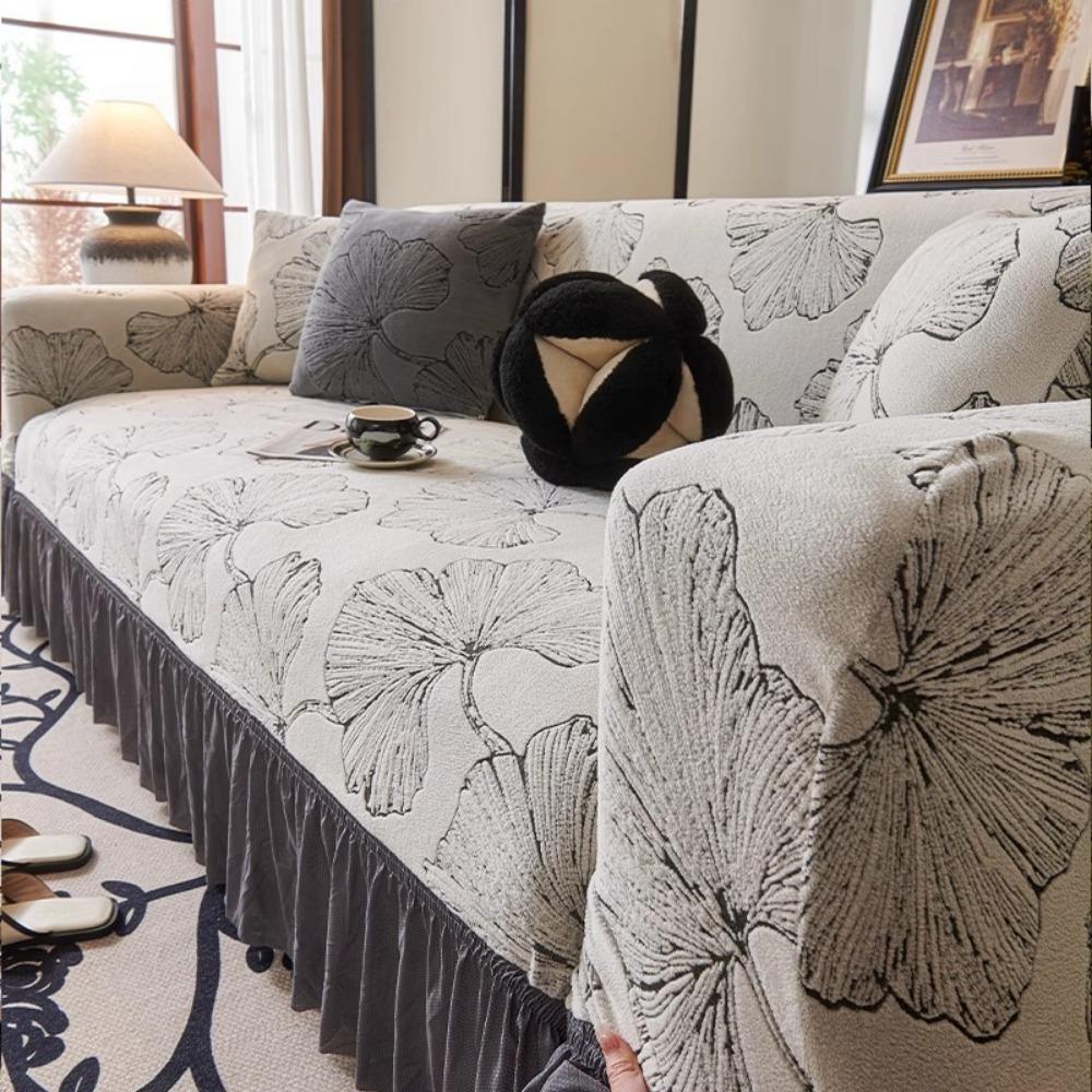 Jacquard Sofa Cover with Skirt Universal Full Coverage Stretch Slip Proof Fabric Couch Dust Protector