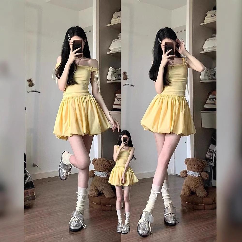 Abito a bretelle da bambina giallo latte francese stupendo aderente design di nicchia francese gonna a bocciolo gonna corta soffice estate