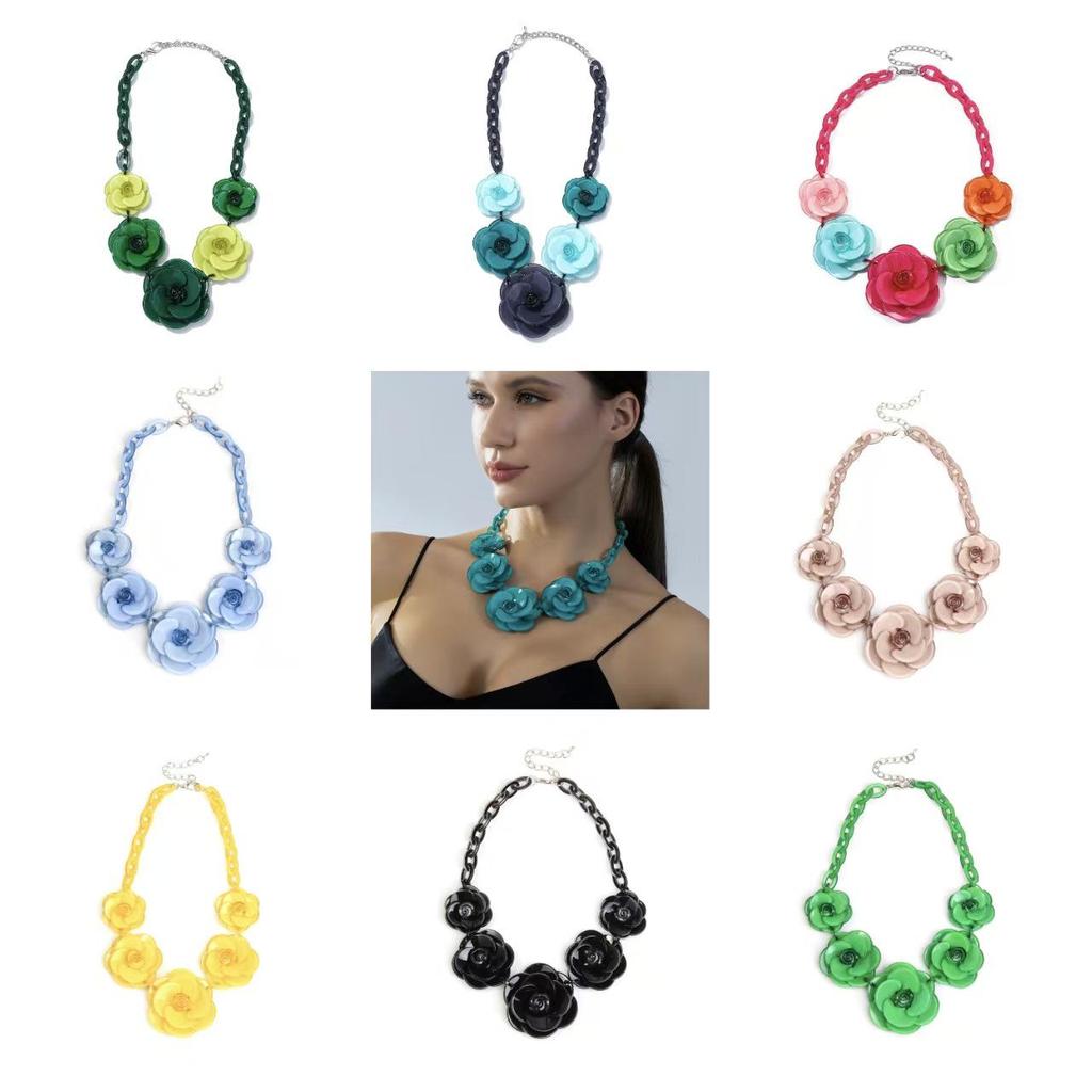 Bohemian Acrylic Flower Necklace - Colorful Rose Sweater Chain