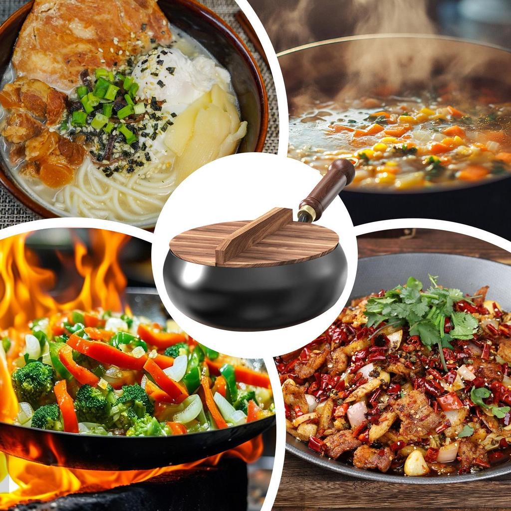 Oale de Fier pentru Gătit Wok Antiaderent cu Mâner Anti-Opărire Vase de Fier Lucrate Manual Tigaie Multifuncțională Tigaie Adâncă