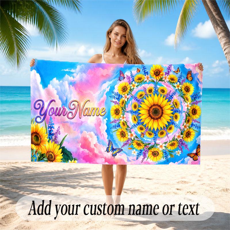 Floral Garden Theme Soft Beach Towel Personalized Custom Name Text Towel Portable for Beach Pool Travel