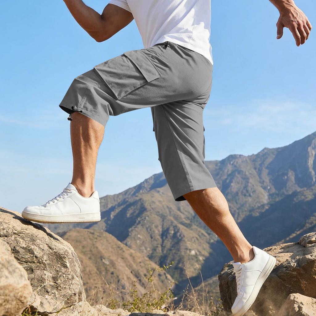 Men’s Casual 3/4 Length Cargo Shorts Elastic Waist Relaxed Fit Lightweight Multi Pocket Knee Length Pants