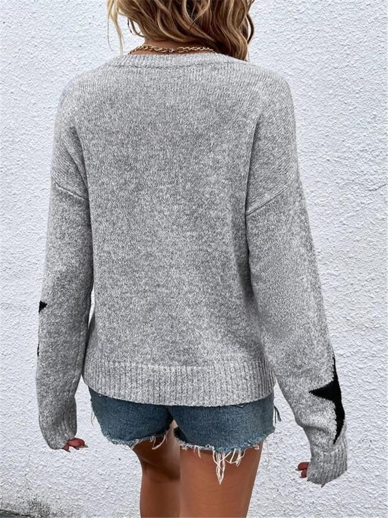 2026 European Loose Round Neck Star Pattern Long Sleeve Knit Pullover Sweater.