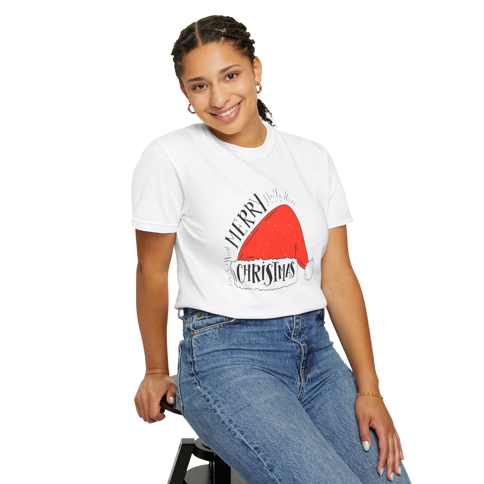 Santa Hat Merry Christmas T-Shirt | Holiday Graphic Tee L