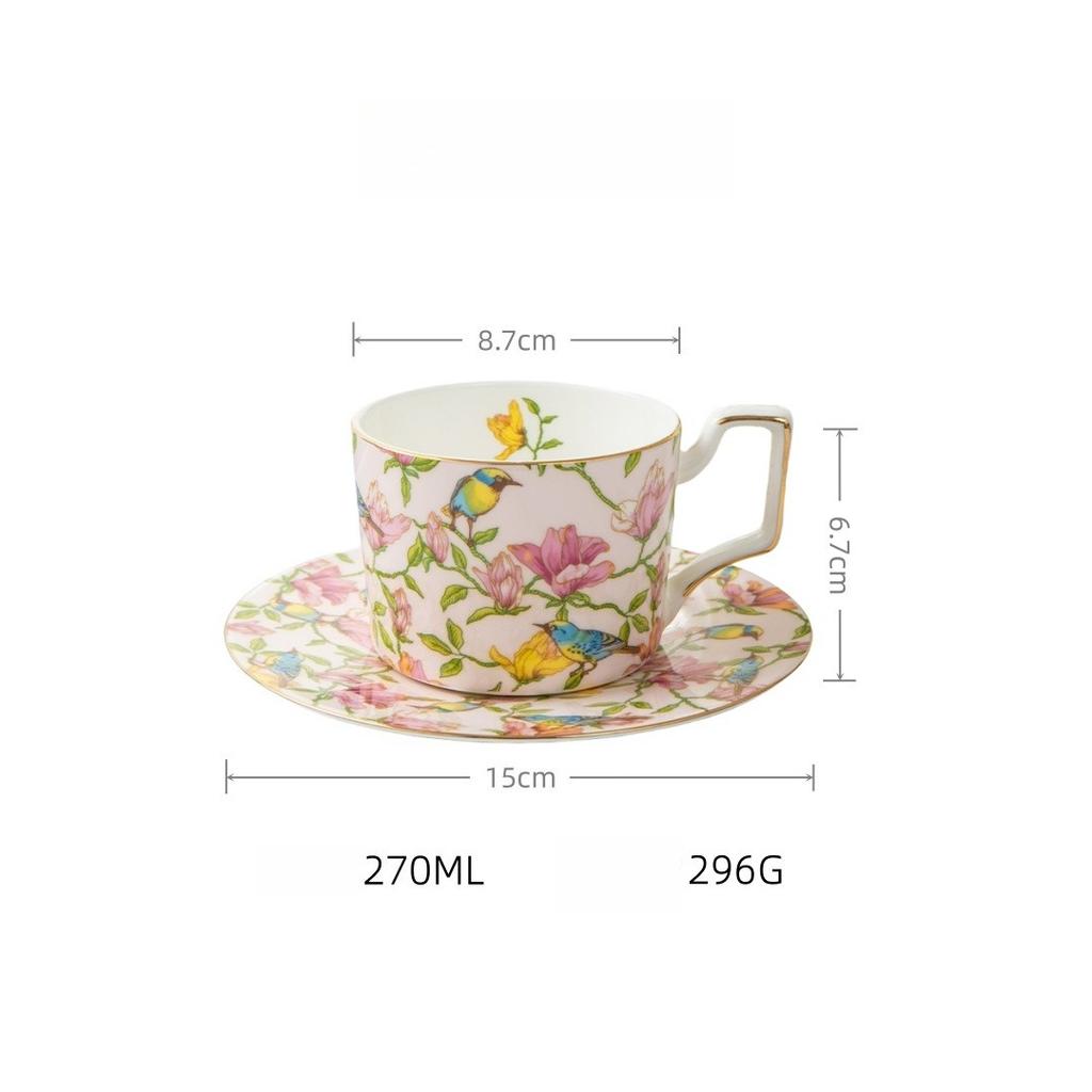 Ceramic Coffee Cup and Saucer Set 270ml Floral Bird Pattern Gold Rim for Tea 4 Colors