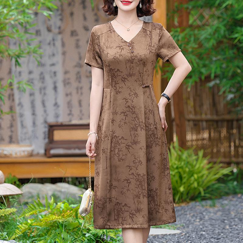 Summer Dress Women Plus Size Short Sleeve Vintage Long Dress Casual Middle-aged Women's Clothing