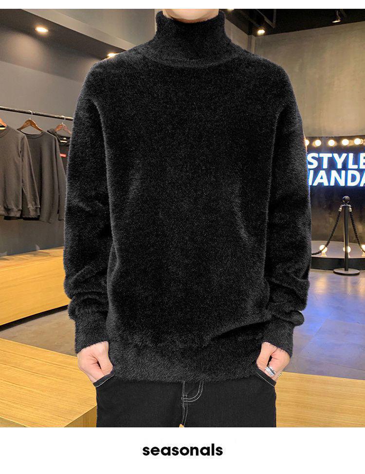 Men's Faux Mink Fur High-Neck Sweater: Trendy Loose Warm Korean Style Knitwear for Autumn and Winter