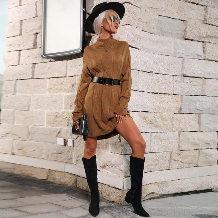 Robe pull tricotée d'hiver chic pour femmes Épaisse A-line Long pull Col haut Manches longues Automne Chaud