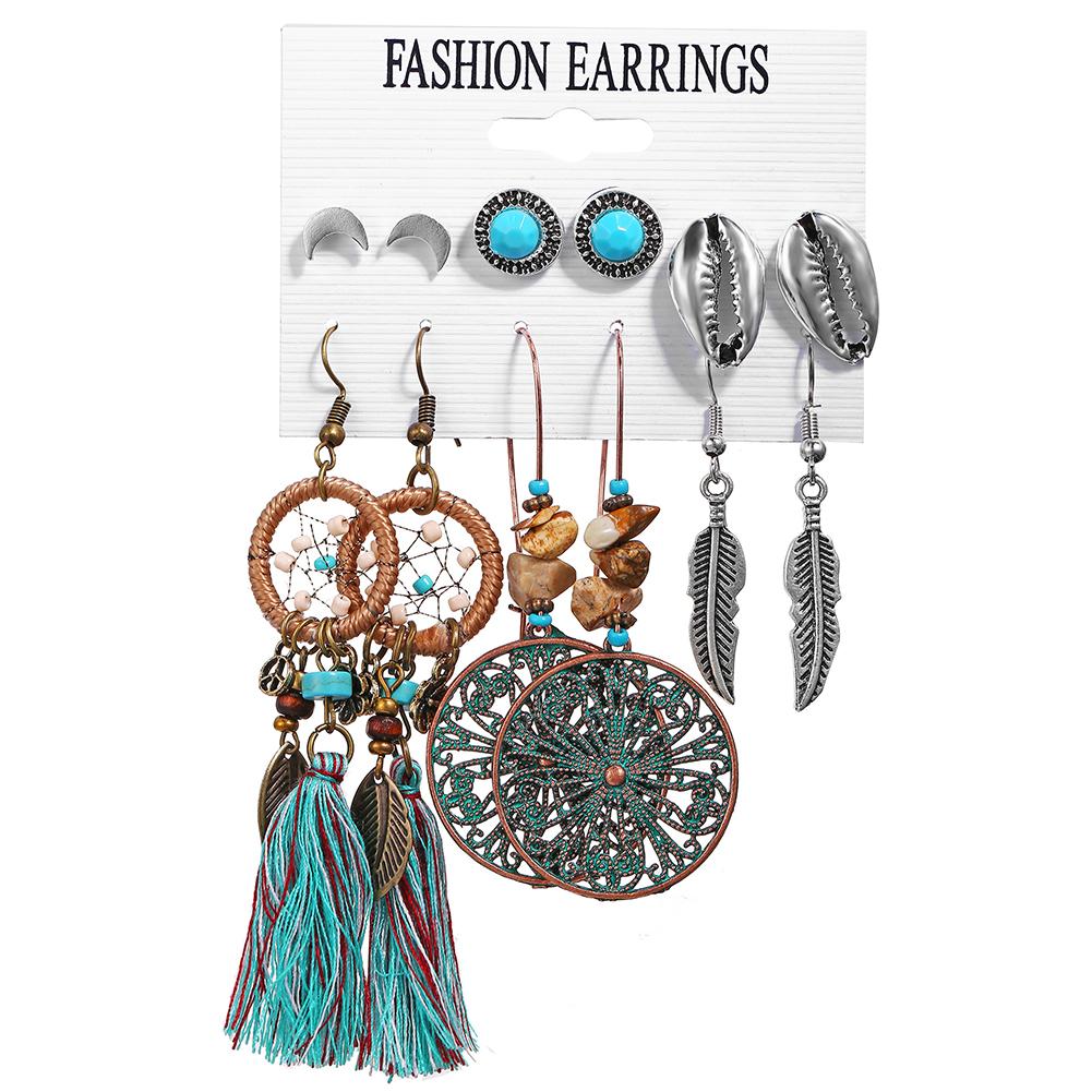 6 Pairs Of Earrings Alloy Creative Retro Style Feather Earrings Stud Set