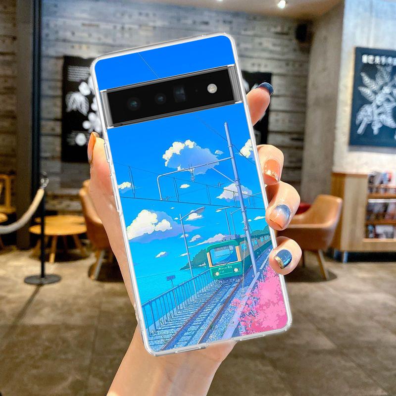 Cherry Blossoms Japanese Traint Moun Fuji For Google Pixel 8 7 6 Pro Phone Case Soft For Pixel 6A 5 4 5A 4A 3A XL 5G Clear Cover